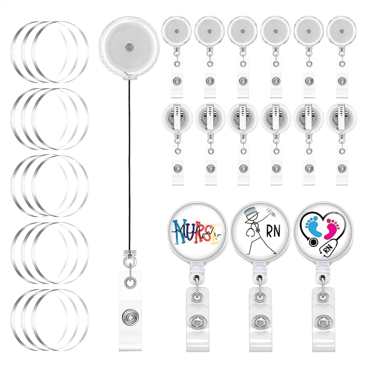 30Pc DIY Retractable Badge Holder Reels with Swivel Alligator Clip and Clear Circle Acrylic Sheet Badge Reel Blanks DIY