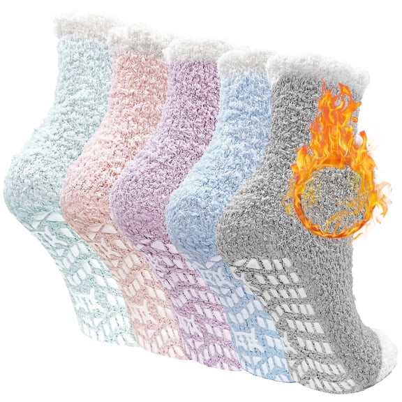 Fuzzy Socks, LOFIR Slipper Socks, Winter Warm Fleece Fluffy Socks 5 Pairs Gripper Socks for Women 6-10 , Soft Cozy Non Slip Socks Women Gifts