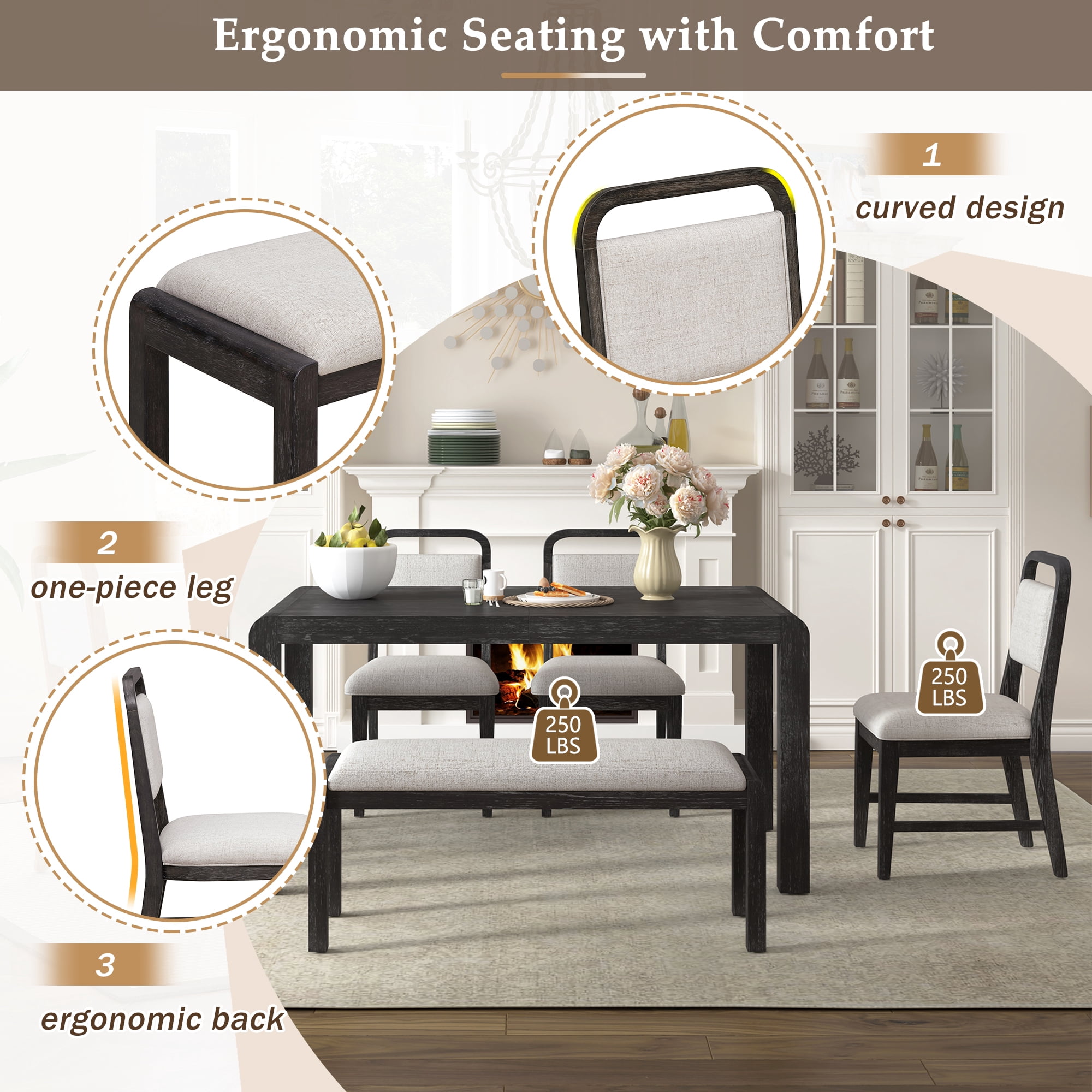 Euroco 6 Piece Extendable Dining Table Set for 4-6, Retro Kitchen Table Set with Curved Design and 4 Upholstered Chairs, Dining Furniture Set for Kitchen Living Room,Espresso