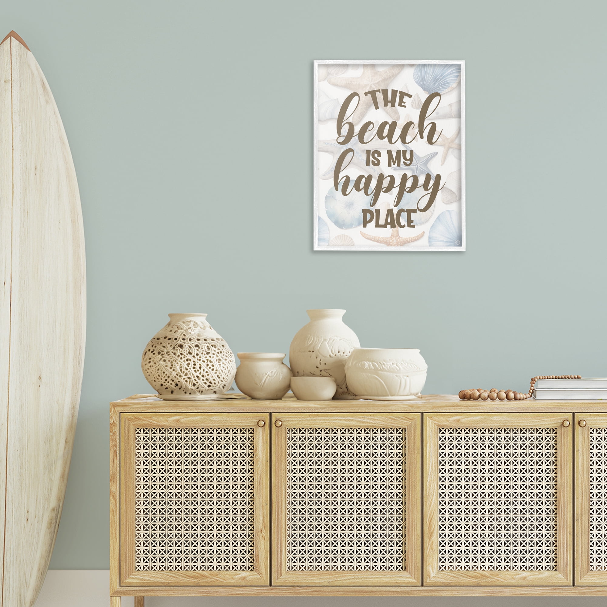 Stupell Industries Beach Happy Place Typography Painting White Framed Art Print Wall Art, 24 x 30