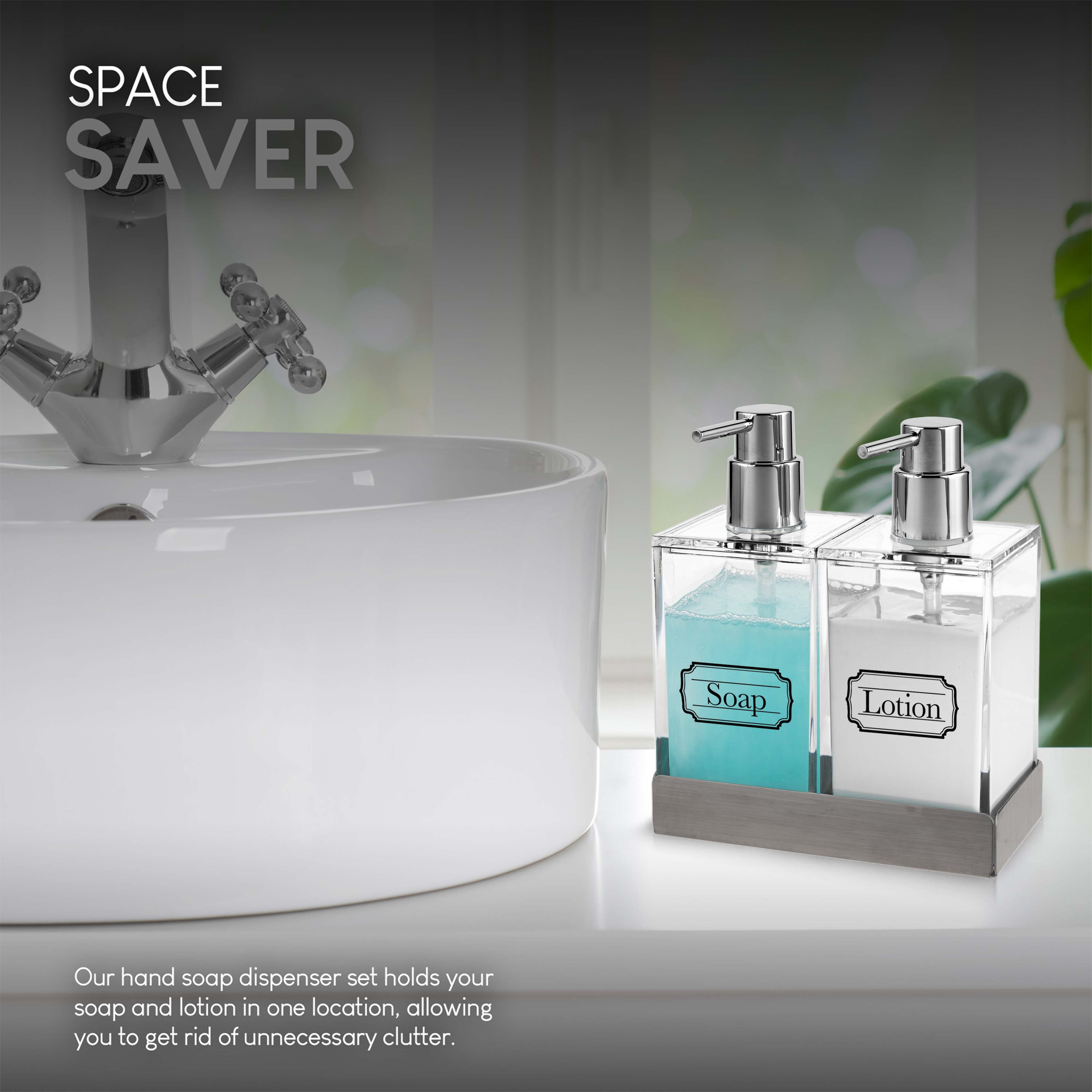 Modern Innovations Acrylic Twin Liquid Soap and Lotion Dispenser Set with Caddy - Double Soap Dispenser for Kitchen Sink - Clear Soap Dispenser for Bathroom, Shampoo, Conditioner, Body Wash