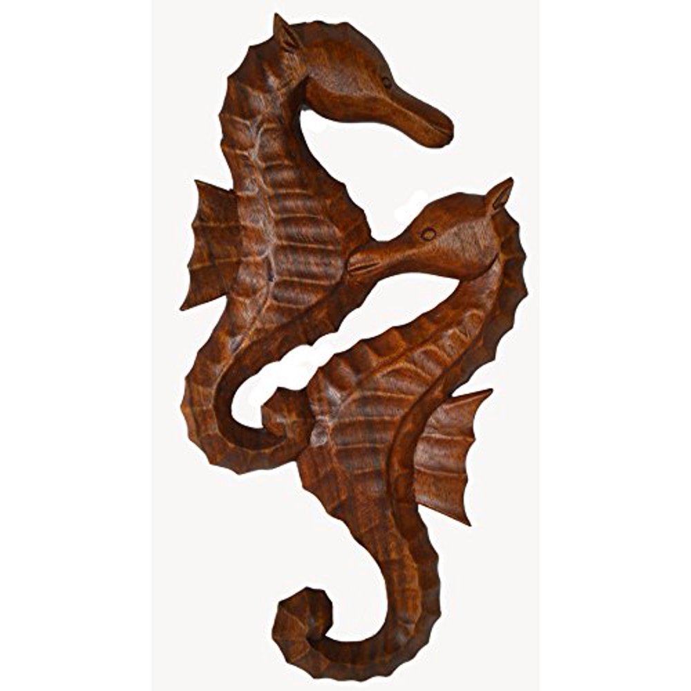 WorldBazzar Hand Carved Mahogany Wooden Seahorses Wall Art Hanging Tropical Nautical Decor