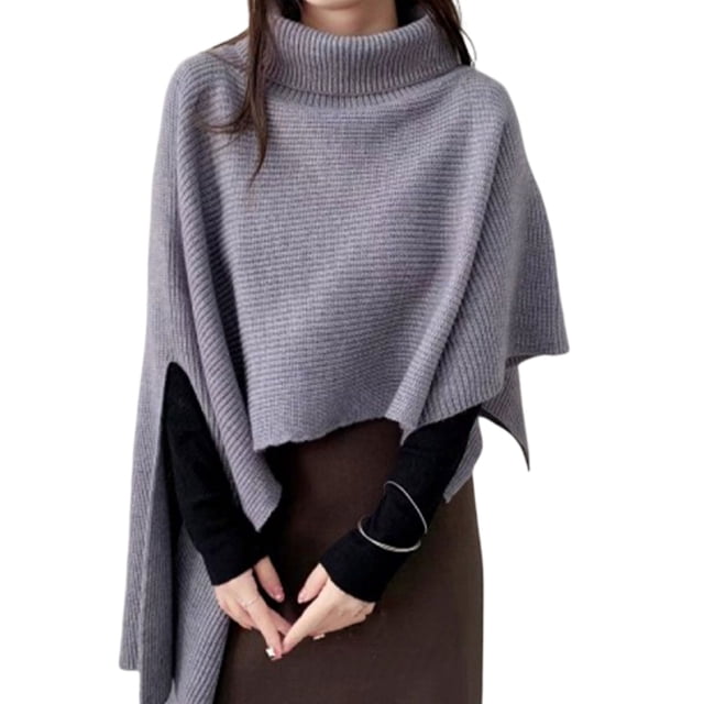 Jumpingount Capa de punto para personas mayores, suéter de cuello alto, tela cálida, chal de invierno suave y cómodo, abrigo tipo suéter de Prendas para la parte del cuerpo gris