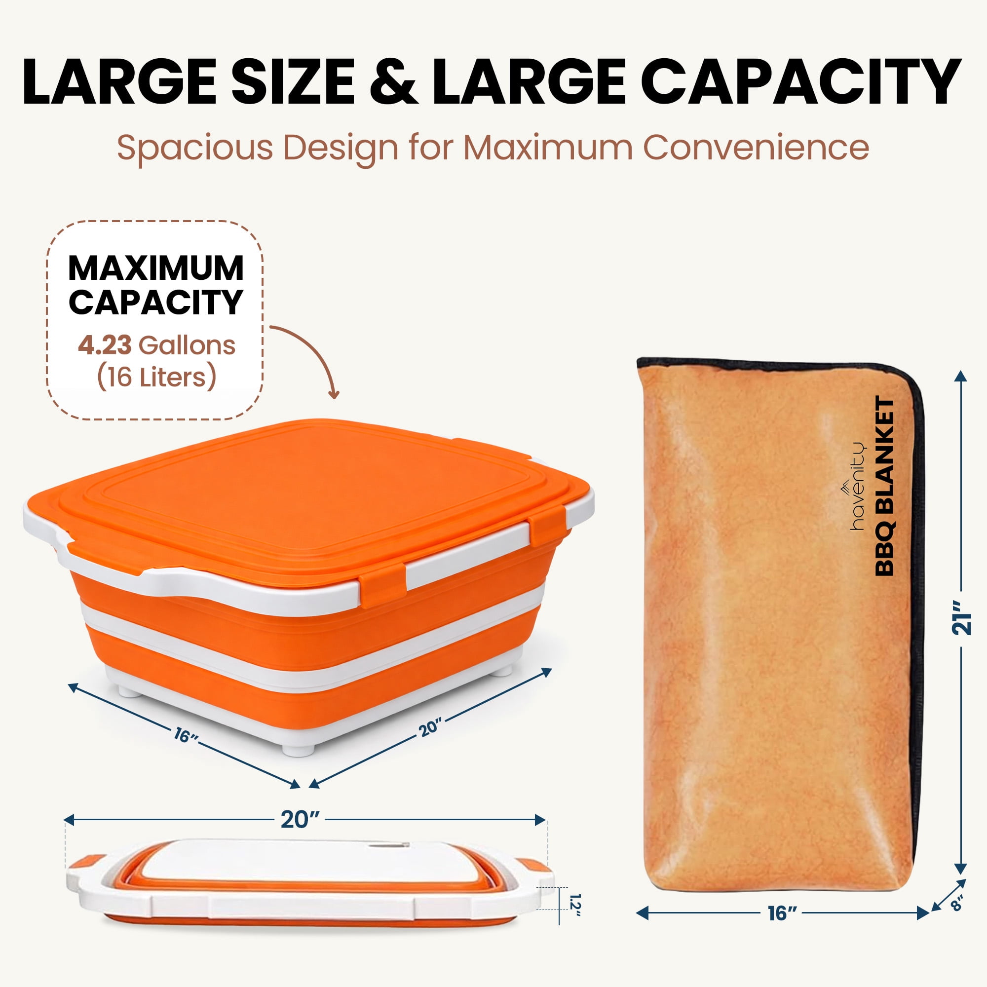 Havenity Collapsible BBQ Prep Tub 16L with BBQ Blanket - For Meal Prep, Marinating, Food Storage - Includes Cutting Board Lid - Orange - XL