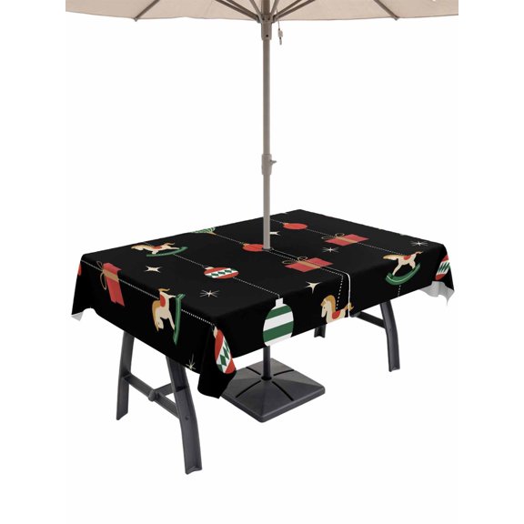 Outdoor Tablecloth with Umbrella Hole and Zipper, Christmas Rectangle Table Cloth 54x80 Inch Waterproof Tablecloth, Winter Red Green Xmas Weeping Balls Picnic Table Cover for Patio Camping