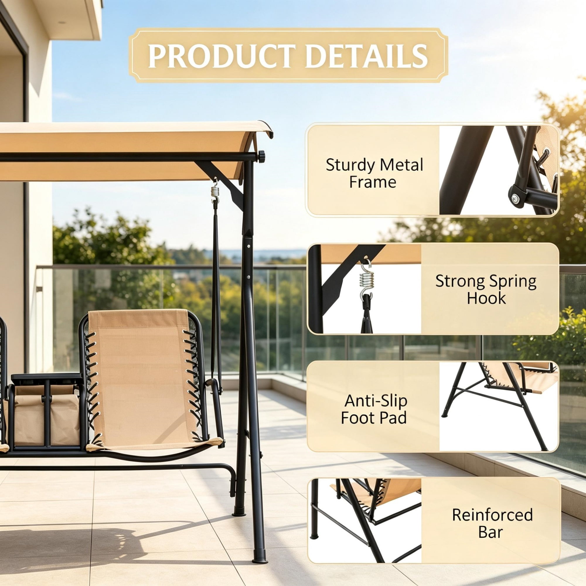 2-Seat Porch Swing with Adjustable Canopy, Built-in Storage Table & Cup Holders for Backyard, Beige
