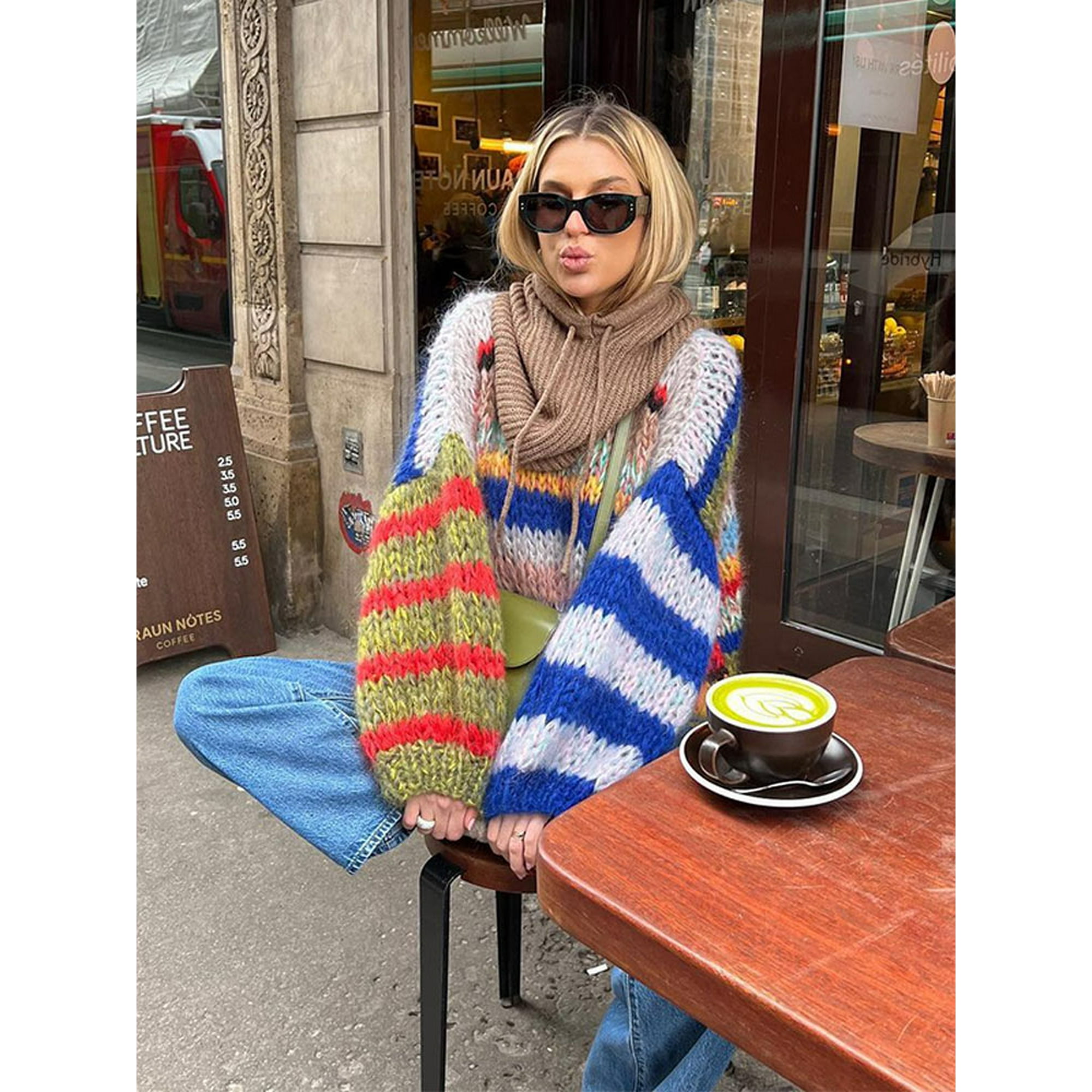 Fashion Contrasting O Neck Hollow Out Knitted Pullover Women Chic Long Sleeve Loose Sweater 2024 Autumn Lady Casual Streetwear