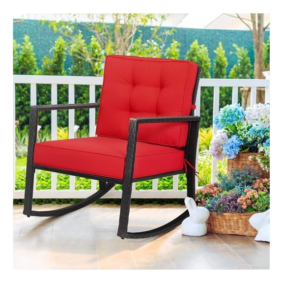 Wicker Outdoor Rocking Chair - All Weather Rattan Rocker Patio Chair w/Steel Frame Removable Cushions & Armrest, Rocker Chair Outdoor Furniture for Backyard Porch Poolside (1, Red)