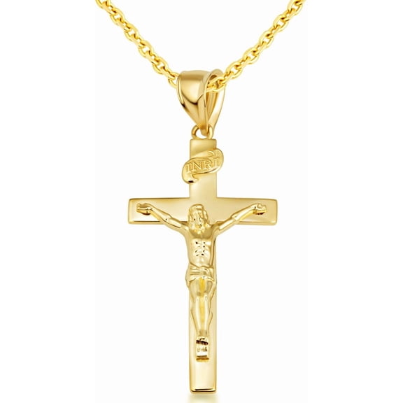 Solid Gold Crucifix Pendant Jesus Cross Necklace(Small) (14K Yellow Gold, Pendant with 22" chain)
