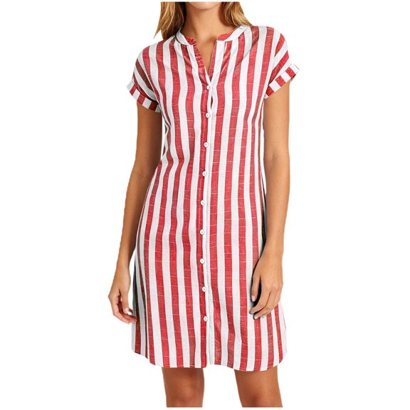 WAGUTH Women's Striped Button-Down Shirt Dresses V Neck Short Sleeve Casual Tunic Dress for Summer Work & Daily Wear