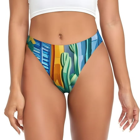 Qokaie Bright Paper Cactus Scene Printed Women s Cotton Thong Underwear  Sexy Breathable Panties G-string-Medium