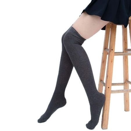 

2Pcs Winter Women Warm Thigh High Knitted Long Socks Over Knee Stockings Dark Gray