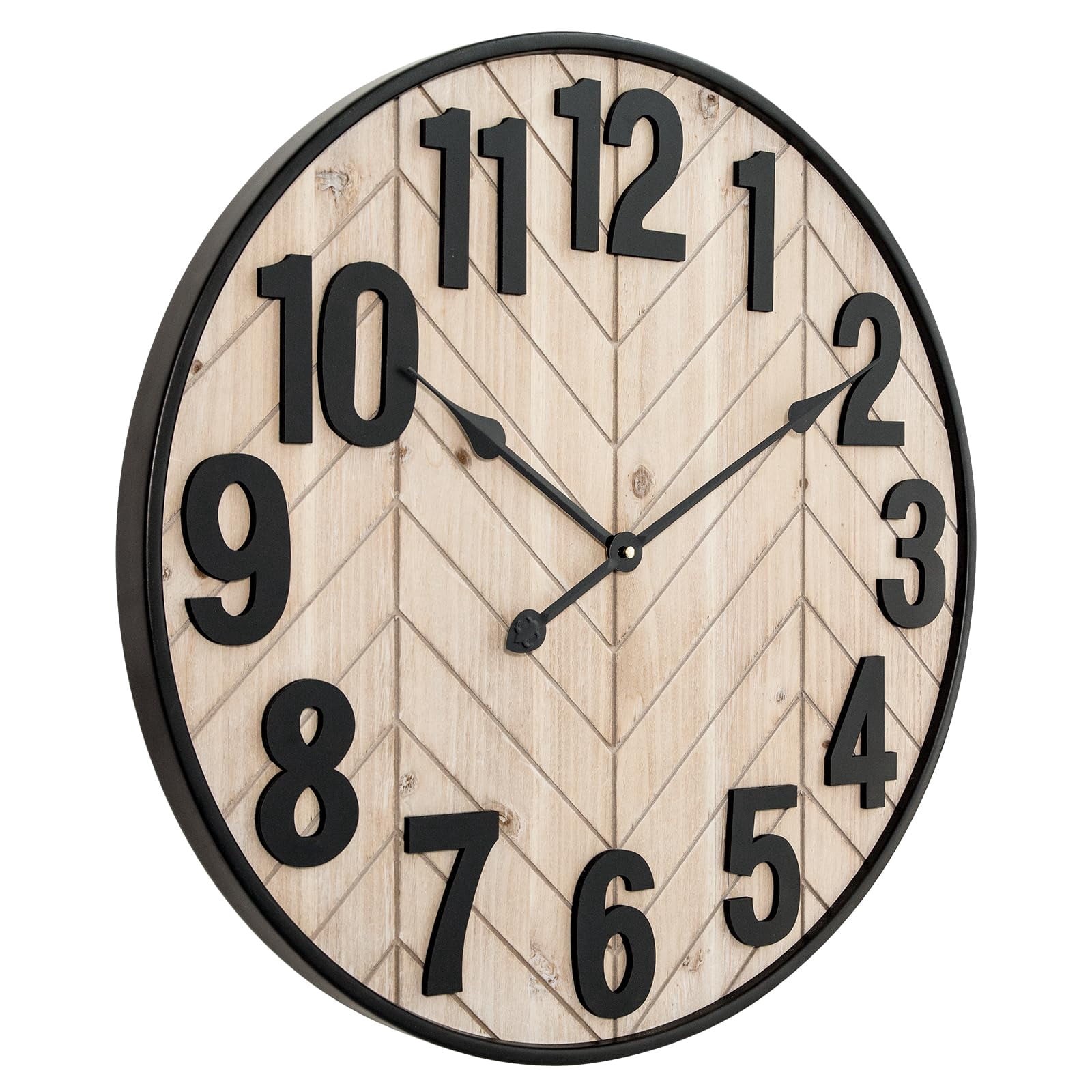 MODE HOME Rustic Farmhouse Wooden Wall Clock with Black Metal Frame, 24 inch Battery Operated Silent Clock, Brown