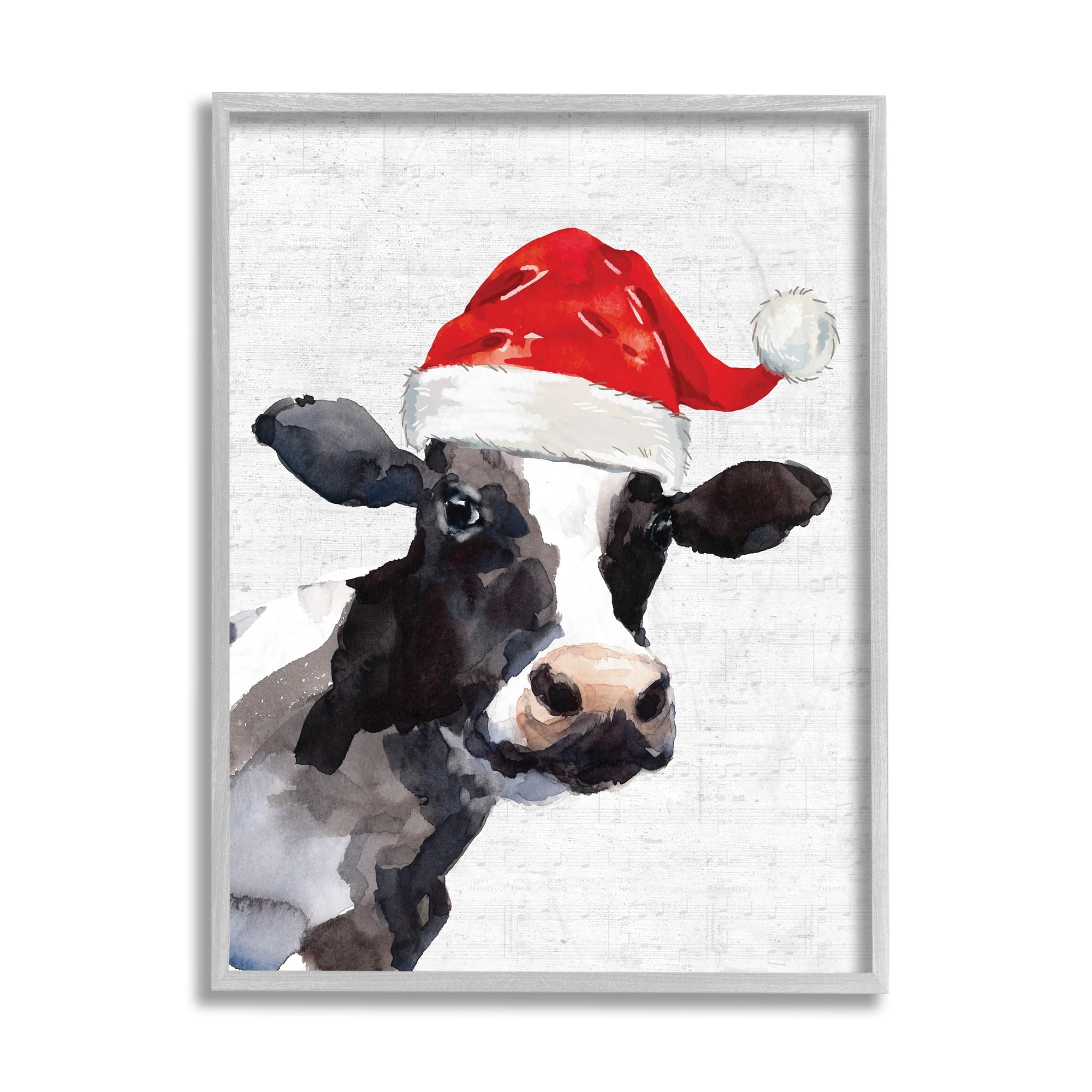 Stupell Industries Country Farm Cow Red Santa Clause Hat Holiday Painting Gray Framed Art Print Wall Art, 16 x 20