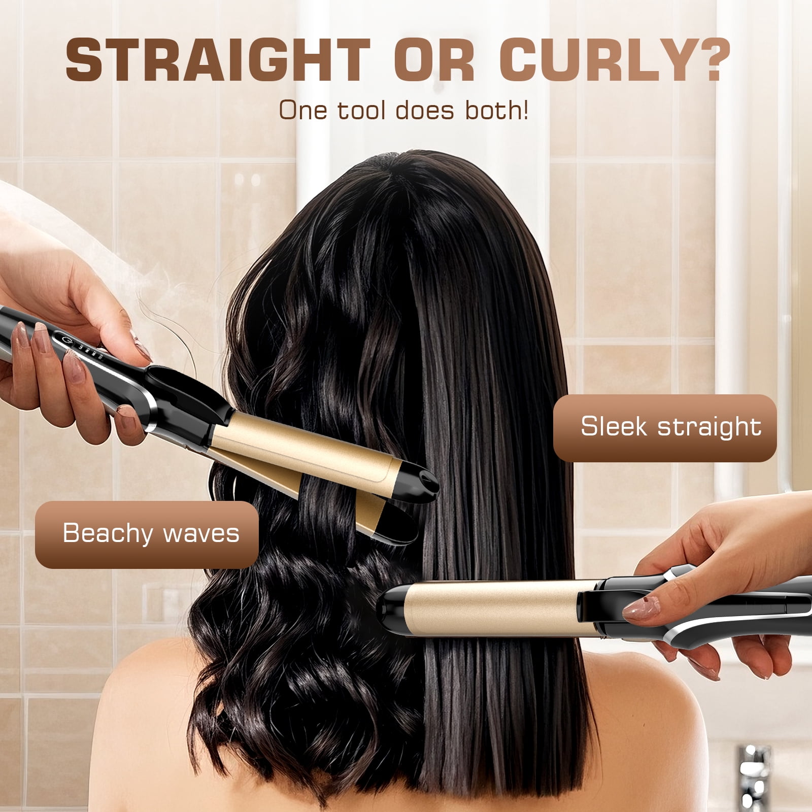 Ceramic Hair Straightener and Curler 2 in 1 - Curling Iron 1.25 In , Adjustable Temp 450°F, Dual Voltage, Anti-Tangle Barrel for Salon Shine, Frizz-Free Curls & Straight Styles for All Hair