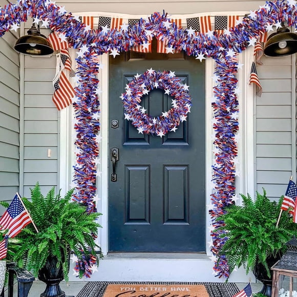 HaoXun 78.74in Americans Independence Day Plastic Tricolor Ribbons with Star Round Ornaments - Red White Blue Hanging Decor for Parties Parades Home Decoration