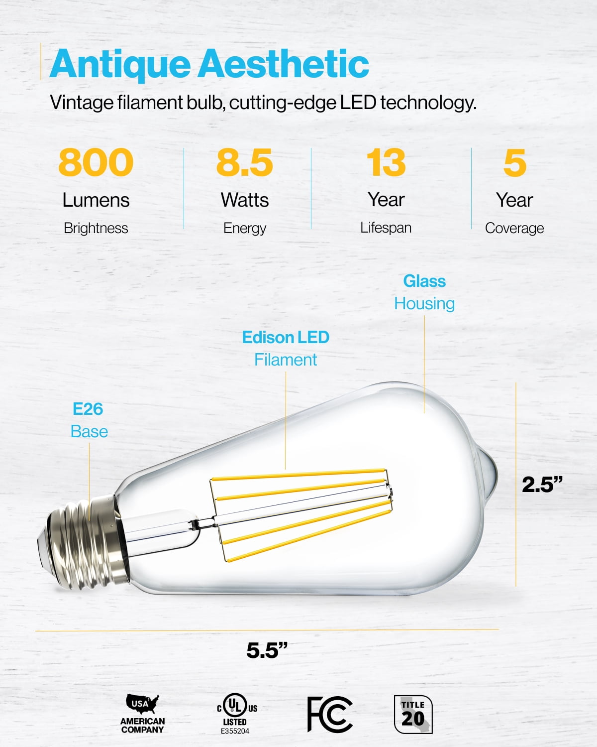 Sunco 16 Pack 60W Vintage LED Edison Bulbs Equivalent 8.5W CRI92 800 Lumens, Dimmable ST64 Filament 6000K Daylight Deluxe E26 Medium Base Light Bulbs High Brightness,Waterproof - UL