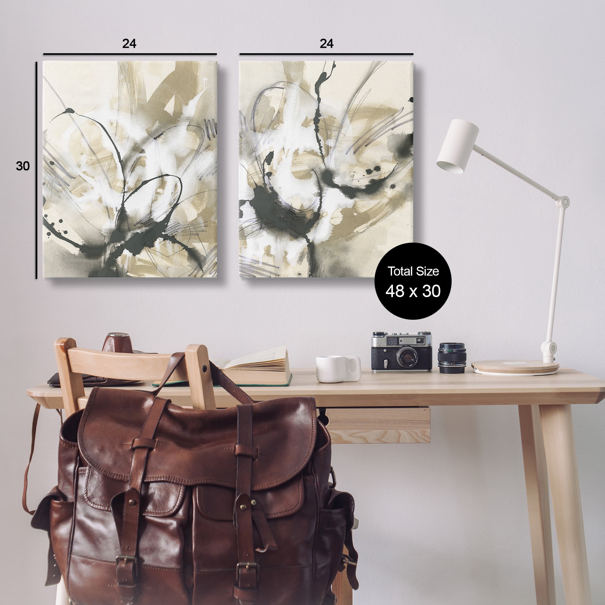 Stupell Industries Beige & Black Splatter Abstract Painting Gallery Wrapped Canvas Art Print Wall Art, 24 x 30, Set of 2