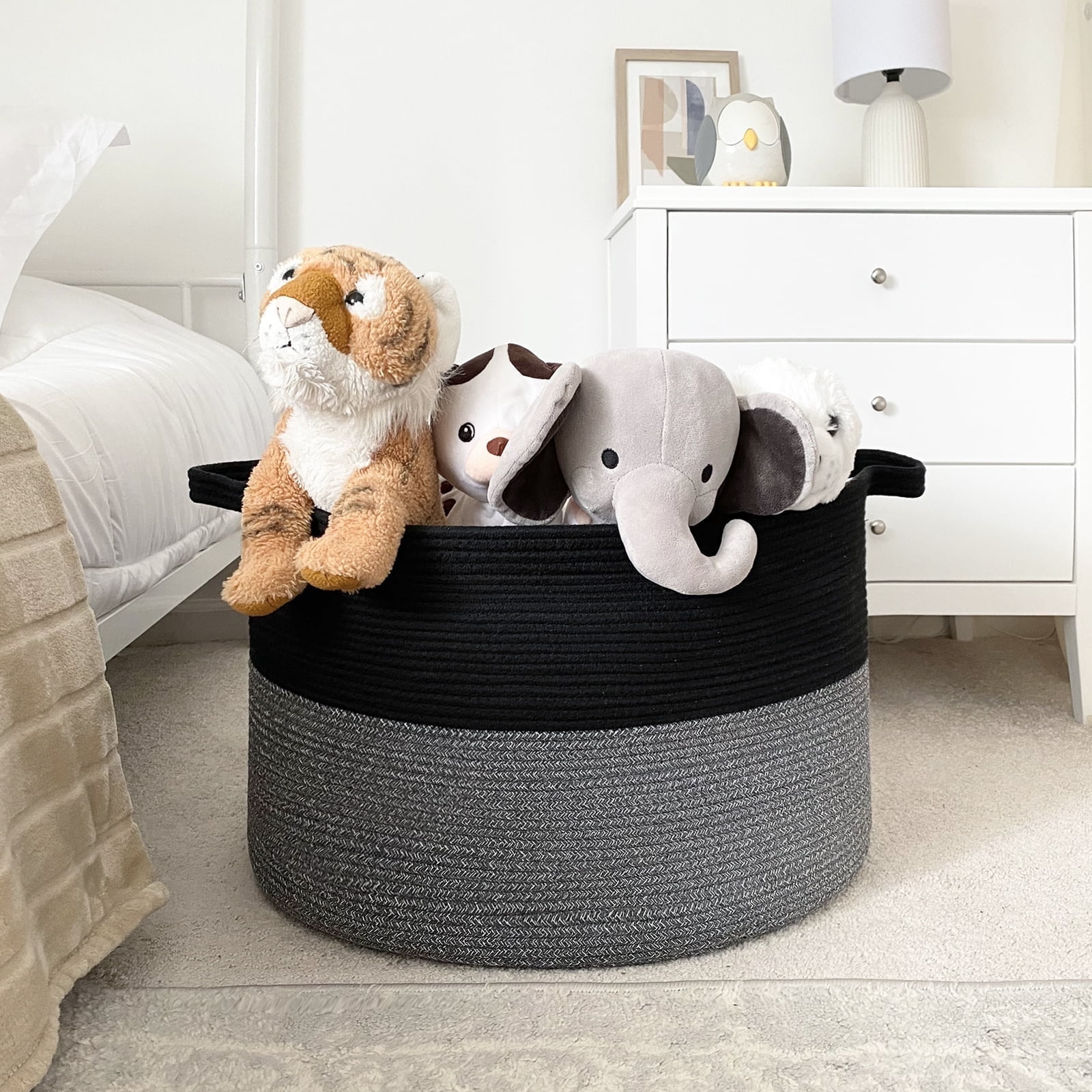 Timeyard Large Woven Laundry Hamper Basket - Decorative Storage Organizer for Living Room, Holds Toys Pillows Blankets Clothes - 21.7" x 21.7" x 13.8"-Black & Grey