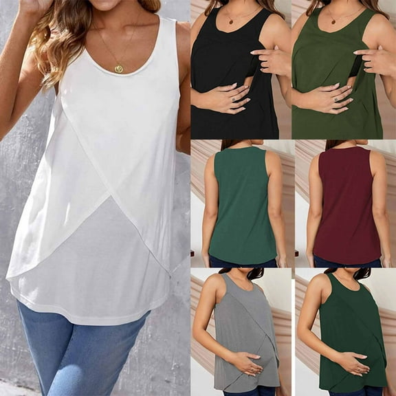 HAOTAGS Maternity Tank Tops, Solid Color Sleeveless Crew Neck Wire-free Nursing Tops White 2XL