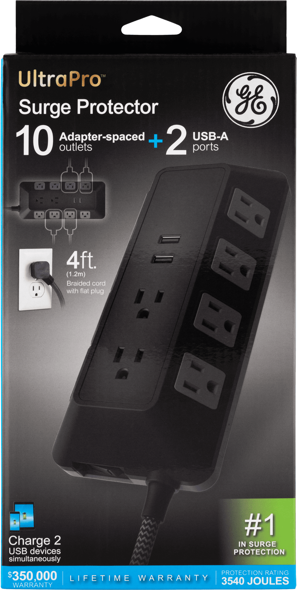 GE Adapt 10-Outlet Surge Protector Power Strip, USB Hub, 4ft Braided Cord, Black