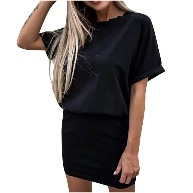 Robes d'Été Décontractées pour Femmes à Col Rond, Robe de Sport Unie, Coupe Ajustée, Confortable, Manches Courtes, Mini Robe Crayon