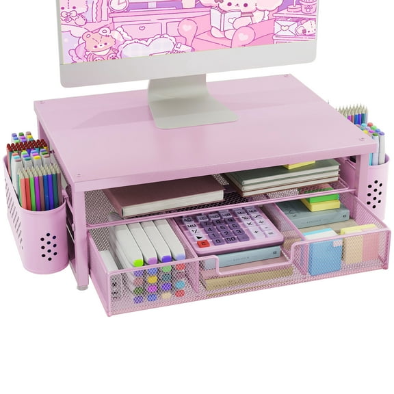 MEHOOM Desk Organizers and Accessories, 2-Tier Computer Monitor Stand Riser with Drawer and 2 Pen Holders, Laptop Stand, Office Desk Accessories for Office Supplies, Pink