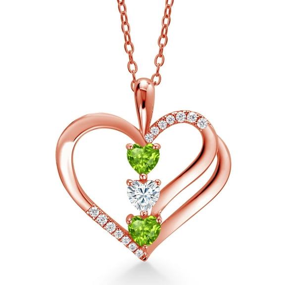 Gem Stone King 18K Rose Gold Plated Silver Green Peridot and White Moissanite 3-Stone Pendant Necklace for Women (0.93 Cttw, Gemstone August Birthstone, Heart Shape 4MM, with 18 inch Silver Chain)