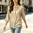 thumbnail image 3 of Asgosdo Tops for Women 3/4 Sleeve Collared Half Button Pleated Loose Fit Blouses Casual Comfy All Season Shirts, 3 of 5