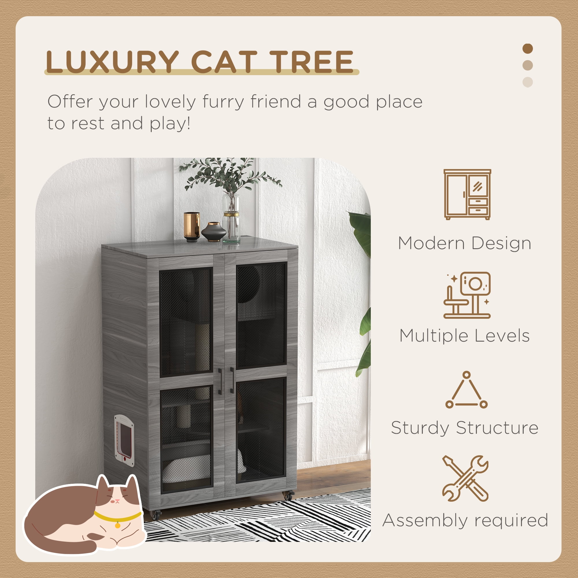 PawHut Cat House with Cat Tree Kitty Cage with Scratching Posts Condo Wheels Flap Door, Gray, 31.5" x 20" x 48.5"