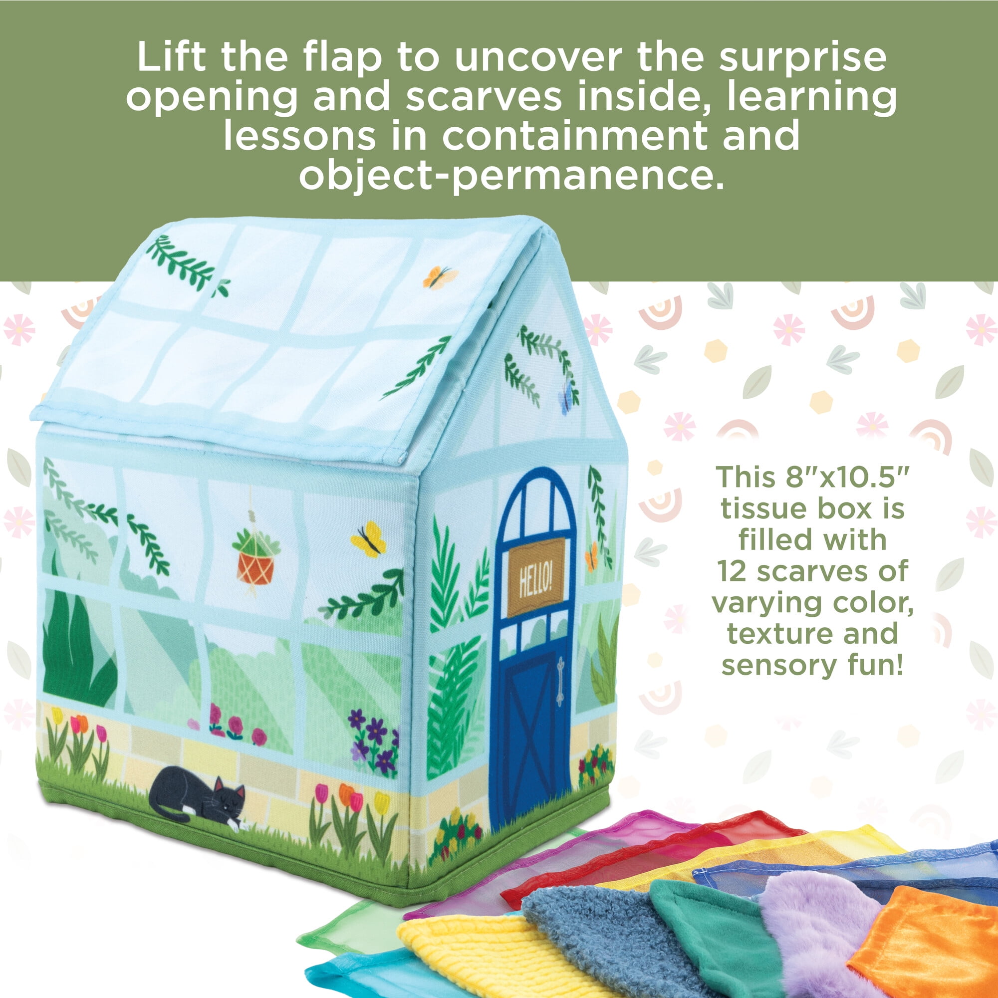 MindWare Sensory Sprouts Tissue Scarf Box, Montessori Toys for Babies 6-12 Months, Baby Tissue Box Toy, Soft Greenhouse-Shaped Tissue Box and 12 Sensory Scarves Featuring Different Textures