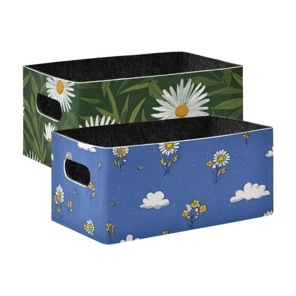 2 Pack Living Room Bed Room Felt Storage Baskets Boxes Foldable Organizer With Handles Daisies on Green Background small Daisies