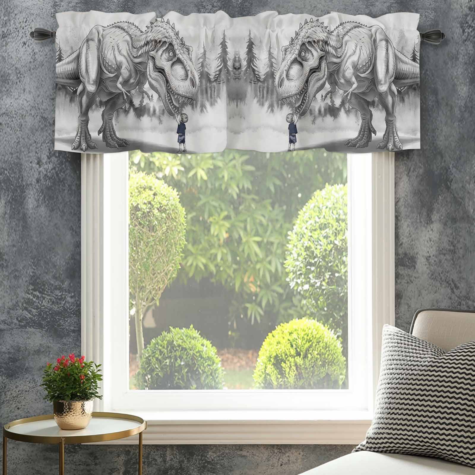 Dinosaurs Boy Kitchen Valances for Windows, Gray Funny Cartoon Forest Animals Bathroom Window Valances 60x18 Inch Rod Pocket Window Treatments Valance Curtains for Living Room Bedroom Decor