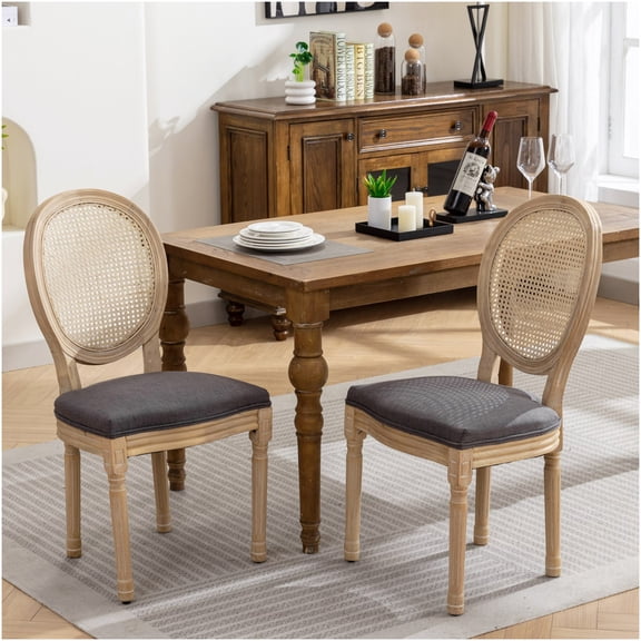French Style Dining Chairs Set of 2, Gray Linen Upholstered Seat with Rattan Back, Solid Wood Frame Antique Finish for Dining Room