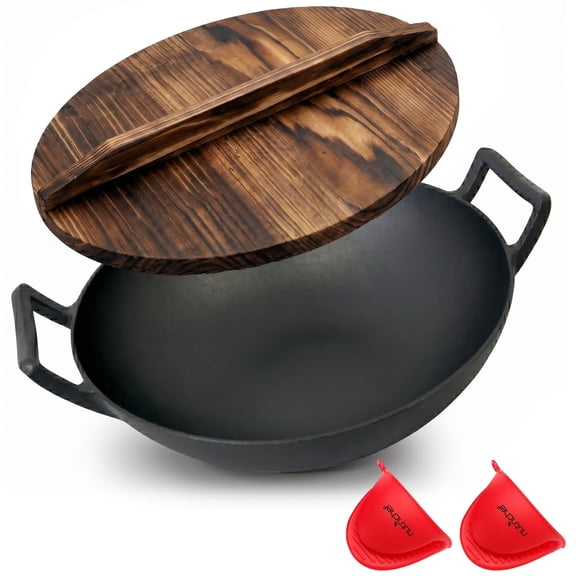 NutriChef Pre-Seasoned Cooking Wok - Cast Iron Stir Fry Wok with Wooden Lid