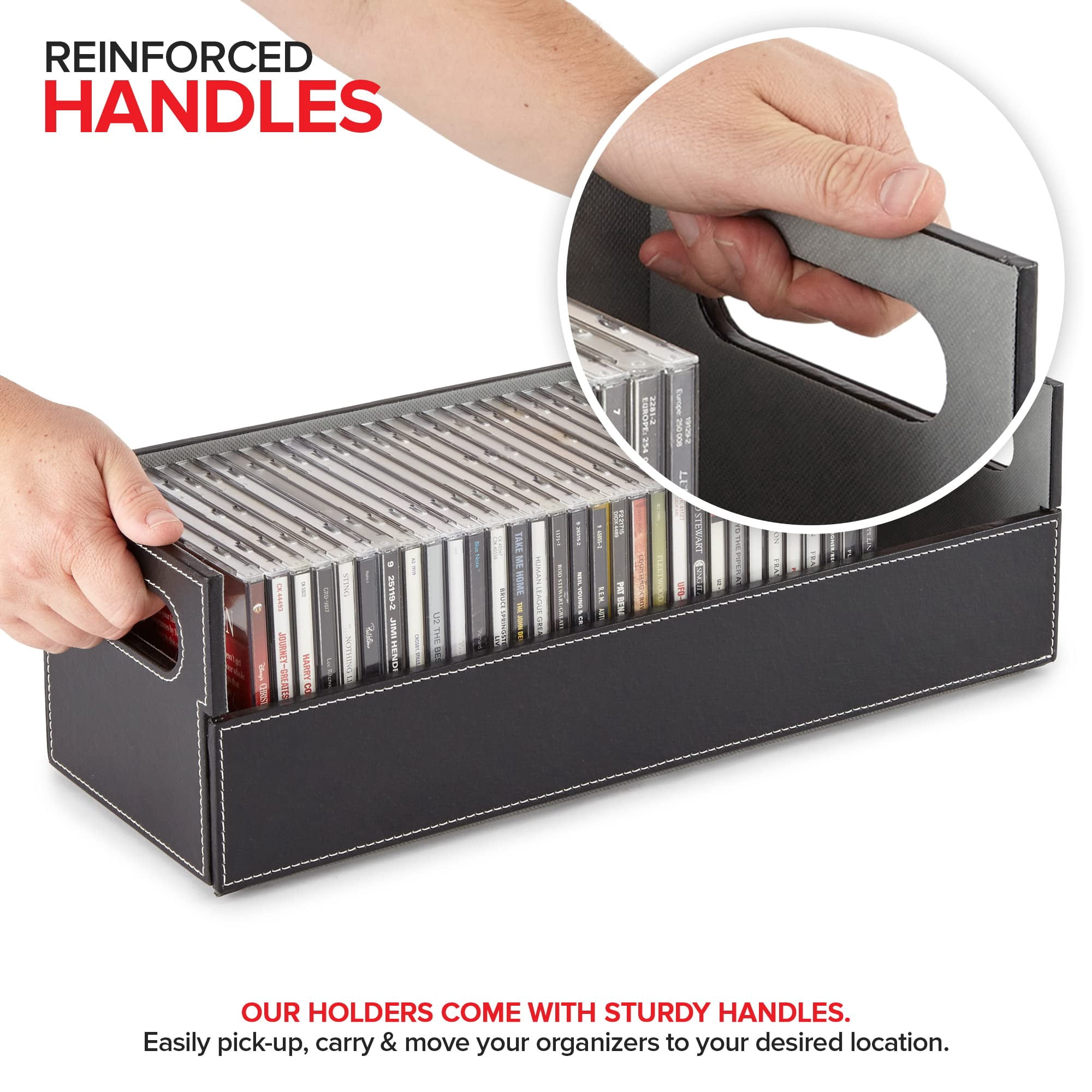 Stock Your Home 2- Pack CD Storage Box, Organizer Shelf for Movie Cases, DVDs, Cassette Tape Display Stand, Disc Holder Can Store Up to 40 CDs, Faux Leather (Black with Gray Interior)