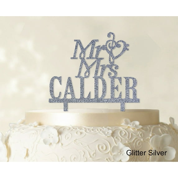 "Mr & Mrs Wedding Cake Topper Personalized Glitter Silver Cake Topper Color Option Available 5""-7"" Inches Wide"