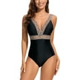 thumbnail image 4 of Jacenvly One Piece Swimsuits for Women Trendy Sleeveless Solid V-Neck Surfing Swimwear Comfortable Ladies Fashion Leopard Print Frenulum Women Bikini Piece Swimsuit Black, 4 of 9
