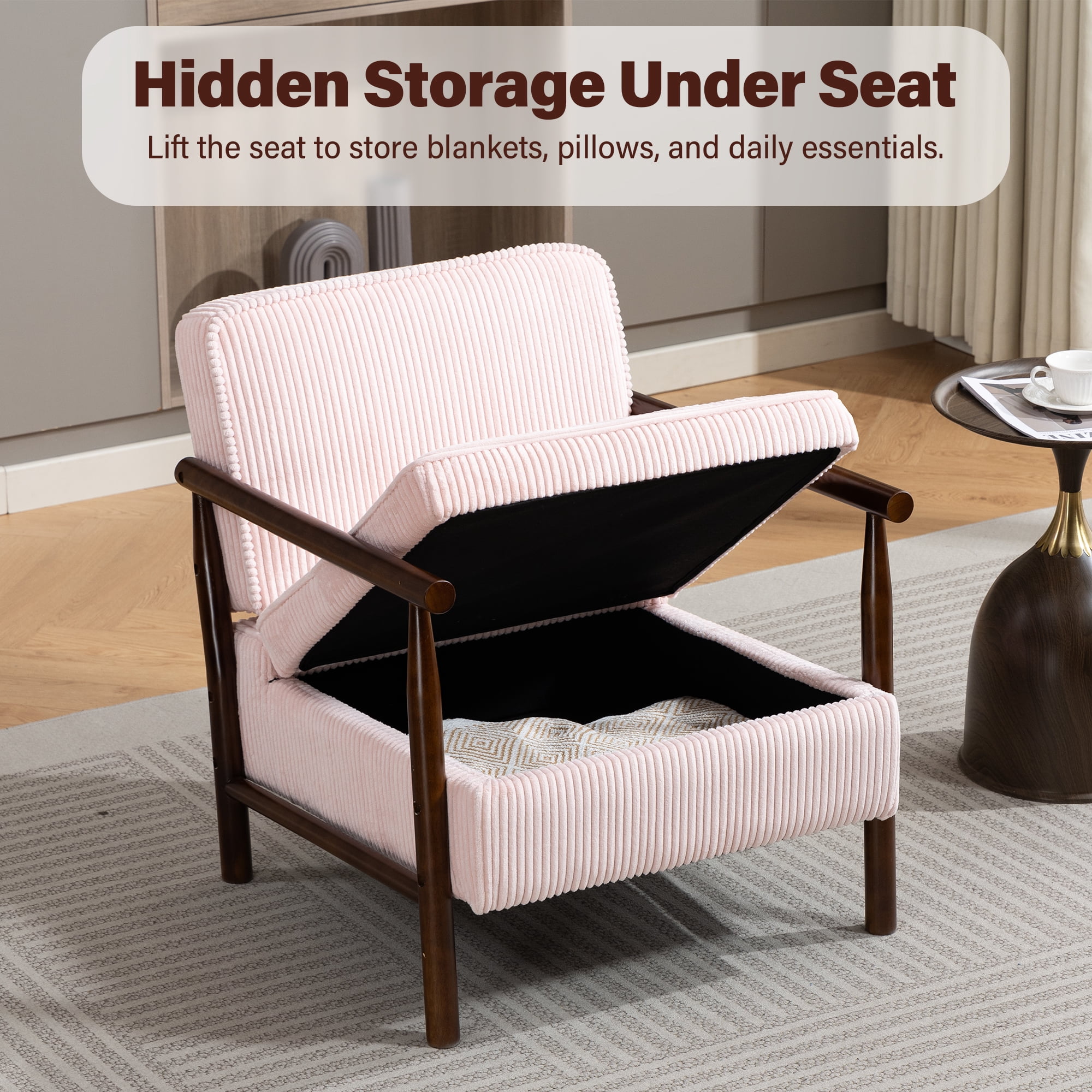 Aukfa Upholstered Accent Chair with Storage Seat & Waist Cushion, High-Density Lounge Armchair for Living Room Bedroom,Pink