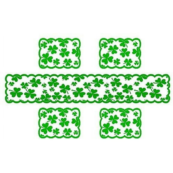 St Patricks Day Table Runner with 4 PCS Clover Placemats, Happiwiz Green Table Runner for St Patricks Table Decorations Party Supplies