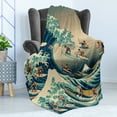 thumbnail image 3 of Ambesonne Japanese Wave Fleece Throw Blanket Surfers Ukiyo-e Ocean 70"x90" Seafoam Blue Eggshell, 3 of 5