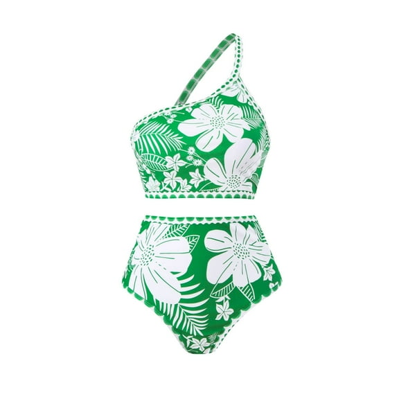 WREESH Womens Two Piece Swimsuit One Shoulder Bathing Suits High Waisted Swimsuit Fashion Retro Flower Print Tight Fitting Bikini Swimsuit Swimming Trunks Suit Green