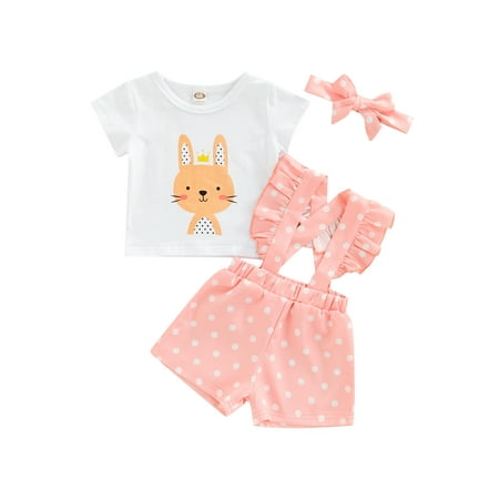 

Woshilaocai Infant Baby Girls Easter Outfits Short Sleeve Bunny Tops Suspender Shorts Headband 3Pcs Set
