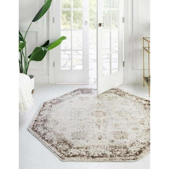 Rugs.com Monte Carlo Collection Rug – 4' Octagon Beige Medium Rug Perfect For Living Rooms, Kitchens, Entryways