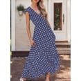 thumbnail image 5 of Navy Polka Dot V-Neck Wrap High-Low Maxi Dress For Women, 5 of 6