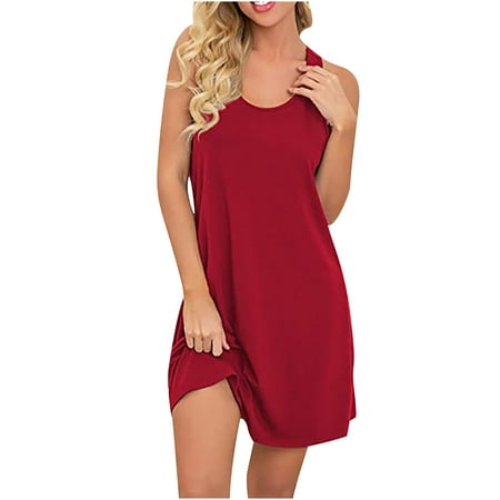 

LONKITO Women s Crewneck Sleeveless Sleep Dress Sleepwear For Knee Length Chemise Red XL