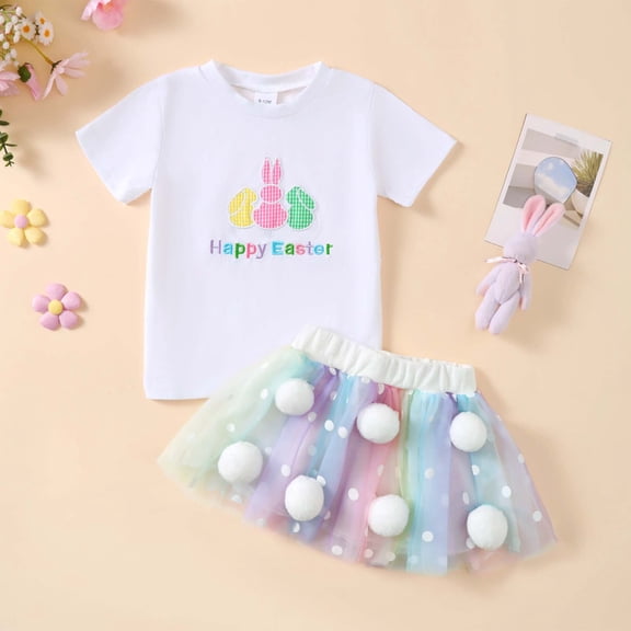 HOWPAY Easter Baby Girl Outfits Funny Bunny Print Short Sleeve Crew Neck Tops and Tutu Skirts Sets Soft Lightweight 2 Piece Clothes Set Pink