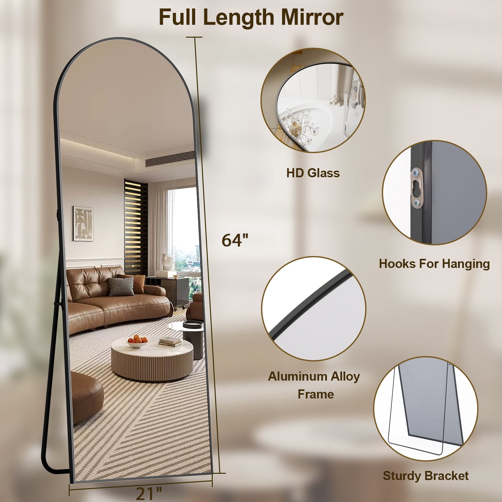 AUROMIR 21"x64" Arched Full Length Mirror Standing Floor Mirror, Black