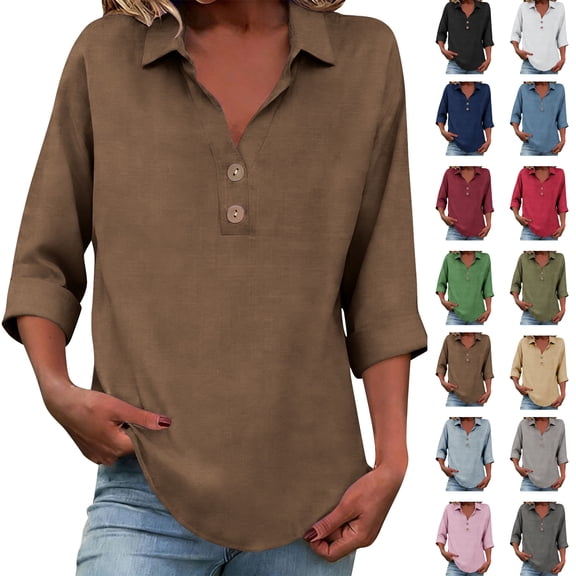 Women's Tops Collared V‑Neck 3/4 Sleeve Henley Cotton Linen Blouse Curved Hem Soft Daily Wear Blouses