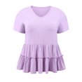 thumbnail image 5 of GRACE & GRANDEUR Women's Plus Size Easter Babydoll Tops Textured Tiered Pleated V Neck Short Sleeve Casual Loose Fit Summer Peplum Blouses 1X Purple, 5 of 7